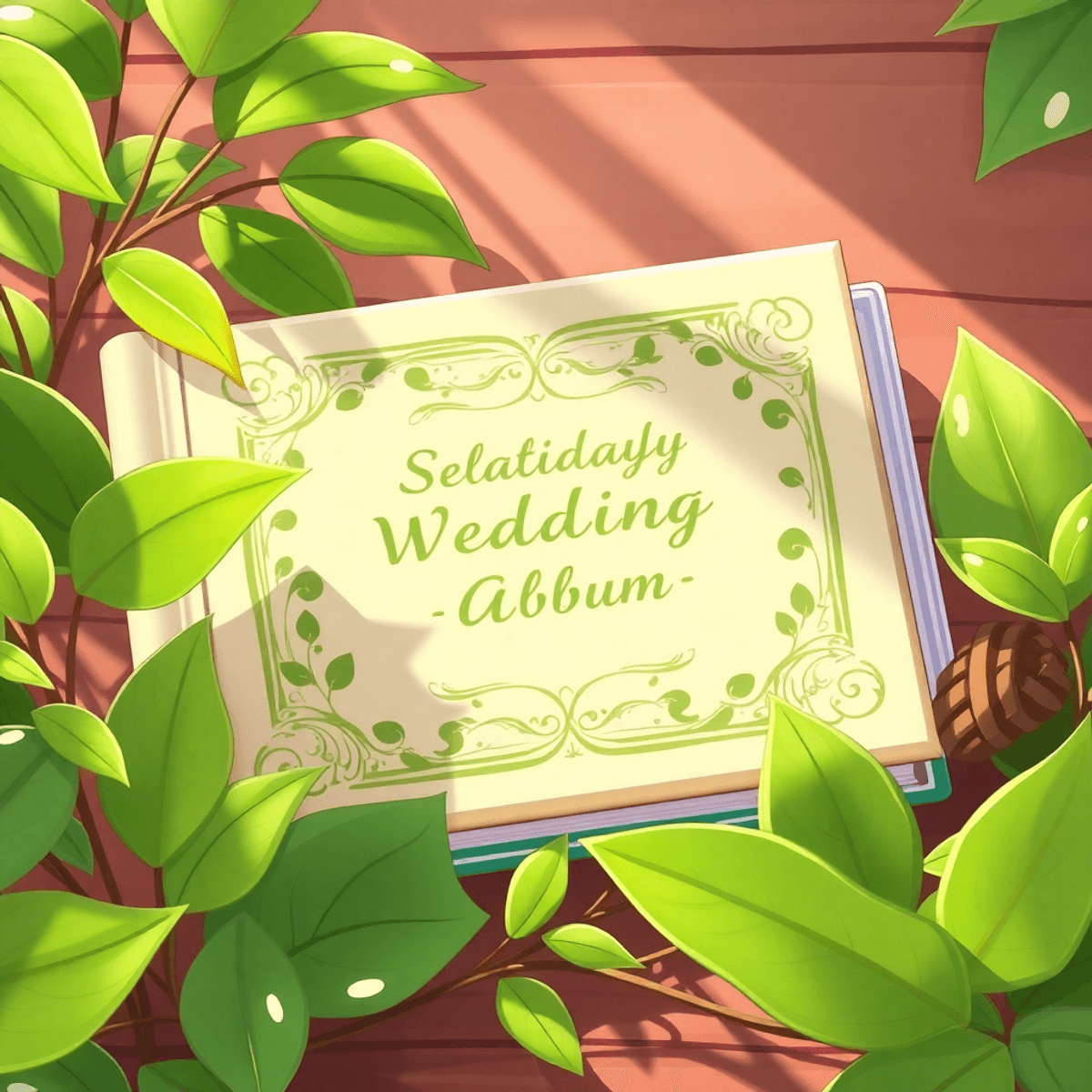 Cartoon-style eco-friendly wedding album surrounded by green leaves and natural elements, bathed in soft natural light.