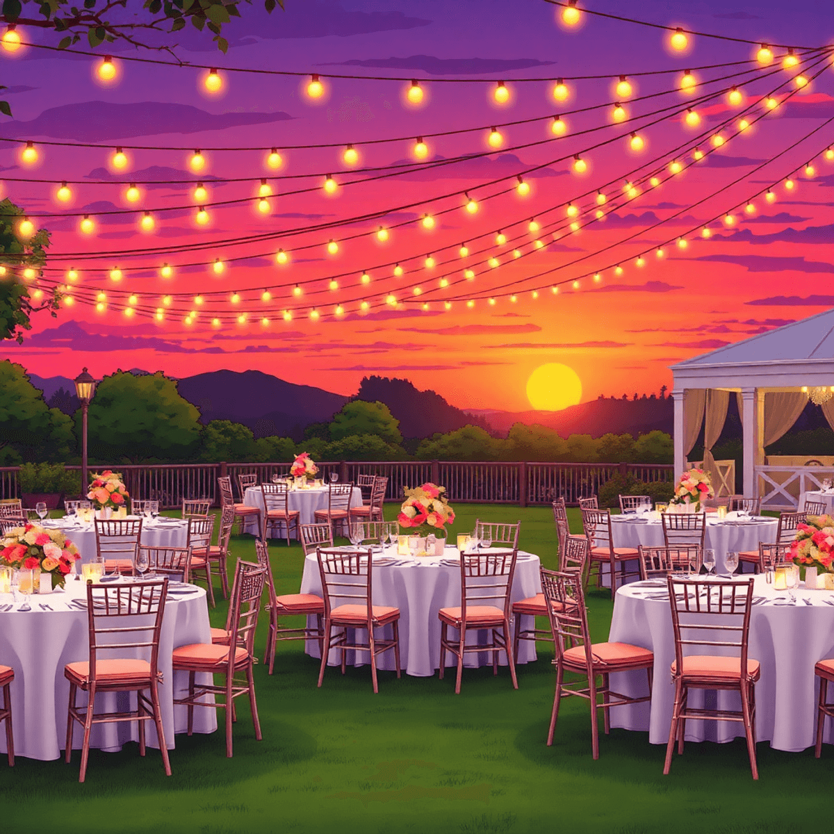 Cartoon-style outdoor wedding reception with elegant tables, chairs, floral centerpieces, and warm string lights at sunset creating a romantic atmosphere.