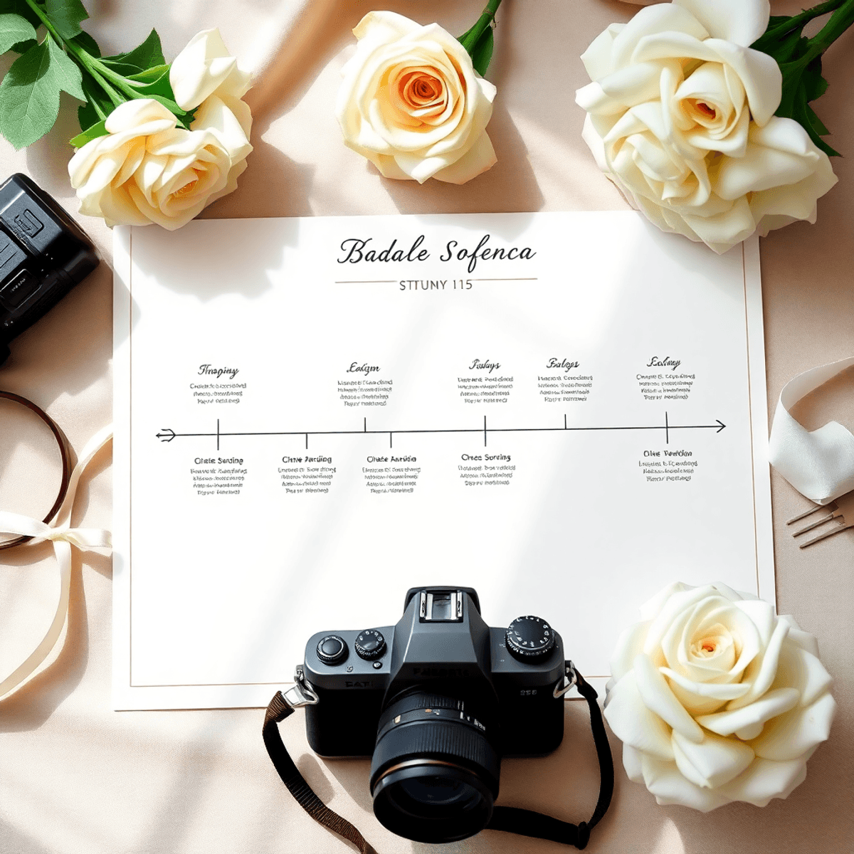 Cartoon-style wedding timeline on elegant stationery with a camera, bridal bouquet, and soft natural light, evoking planning and capturing special moments.