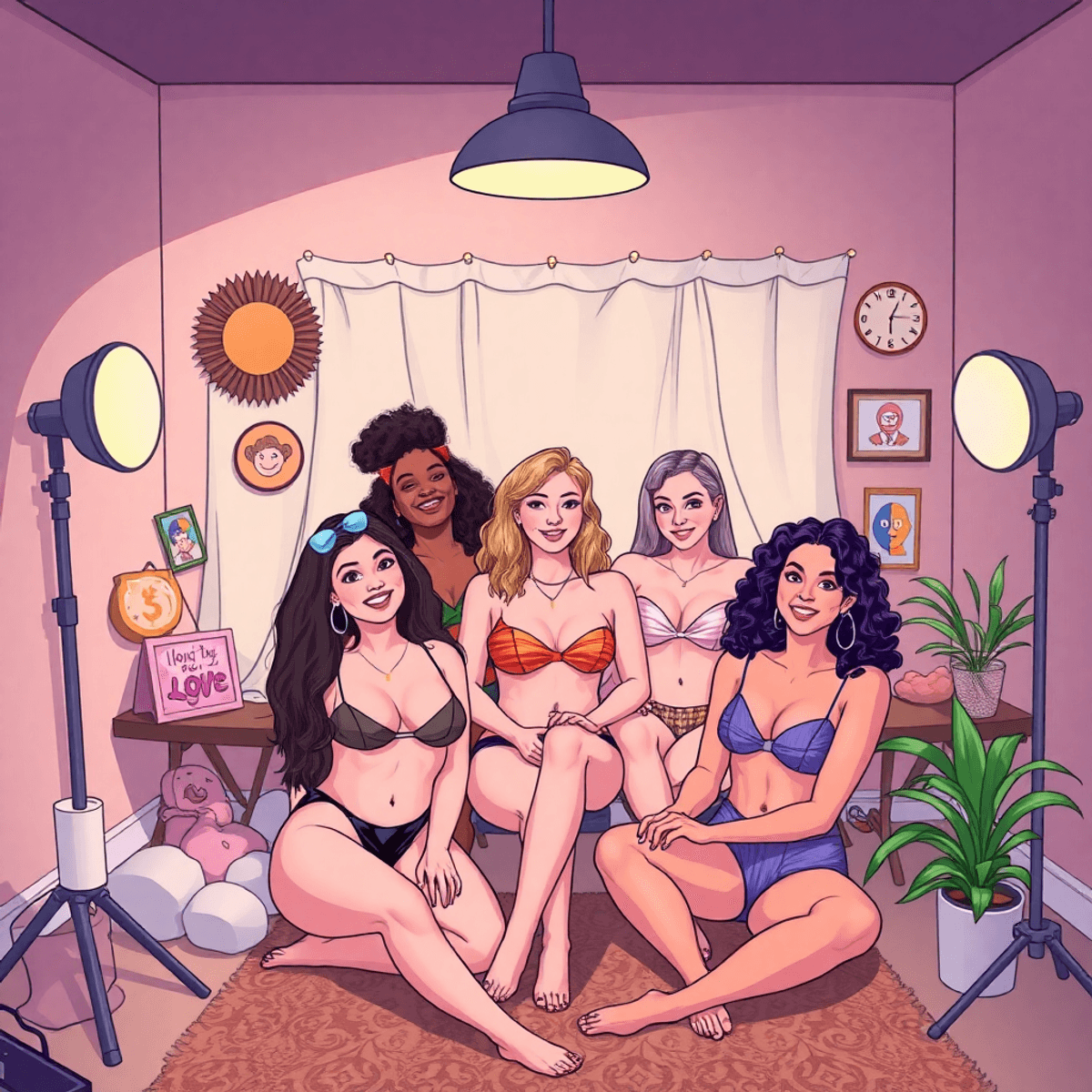 Cartoon-style boudoir studio with soft lighting, featuring confident gender nonconforming individuals and symbols of empowerment and inclusivity.