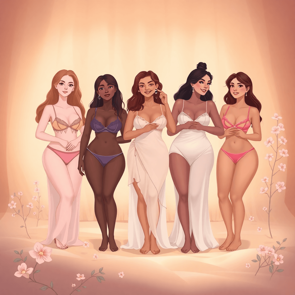 Cartoon of confident women in elegant lingerie surrounded by flowing fabrics and delicate flowers, symbolizing beauty, empowerment, and self-love.