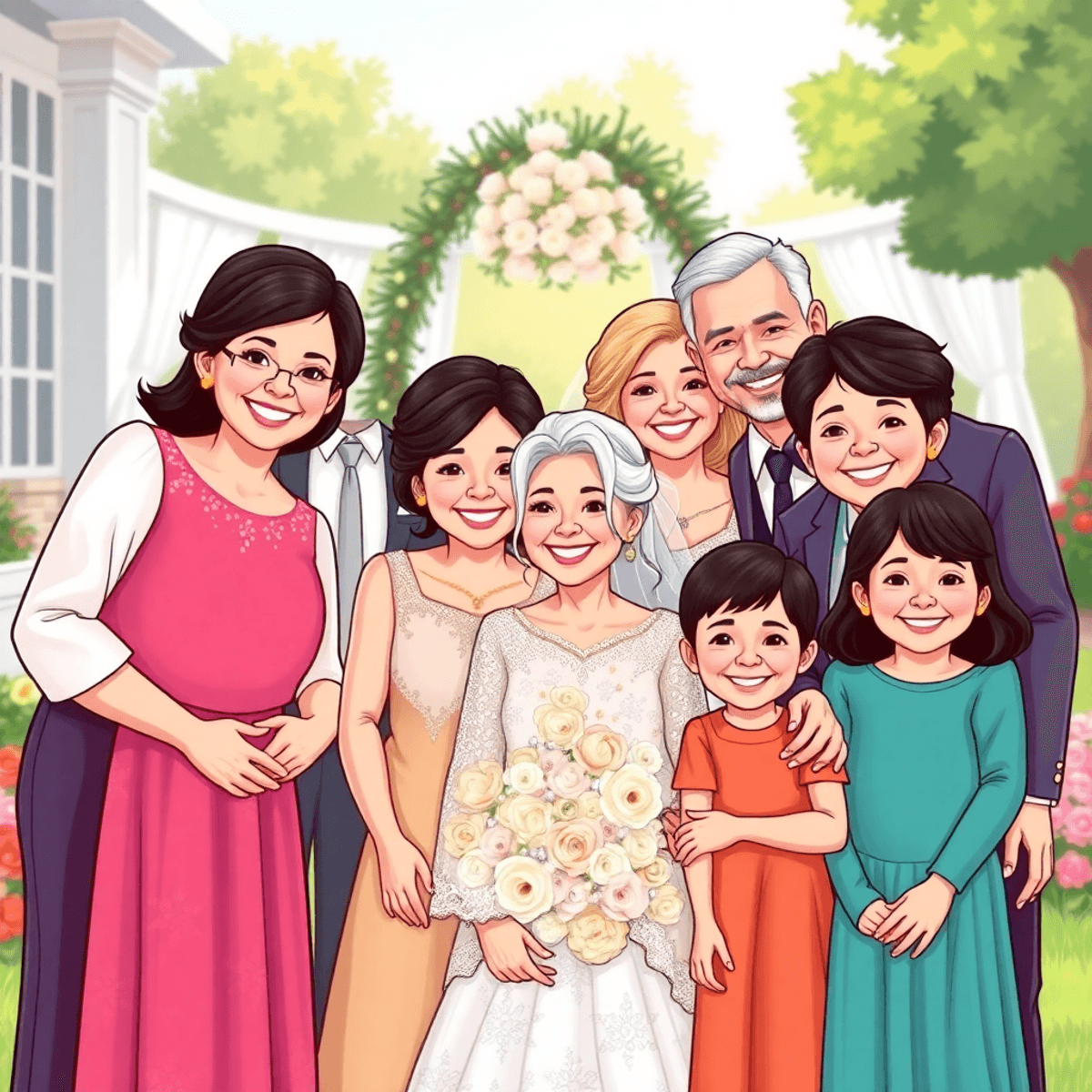 Cartoon-style portrait of a joyful, multi-generational family dressed elegantly, smiling outdoors in soft natural light, radiating warmth and togetherness.