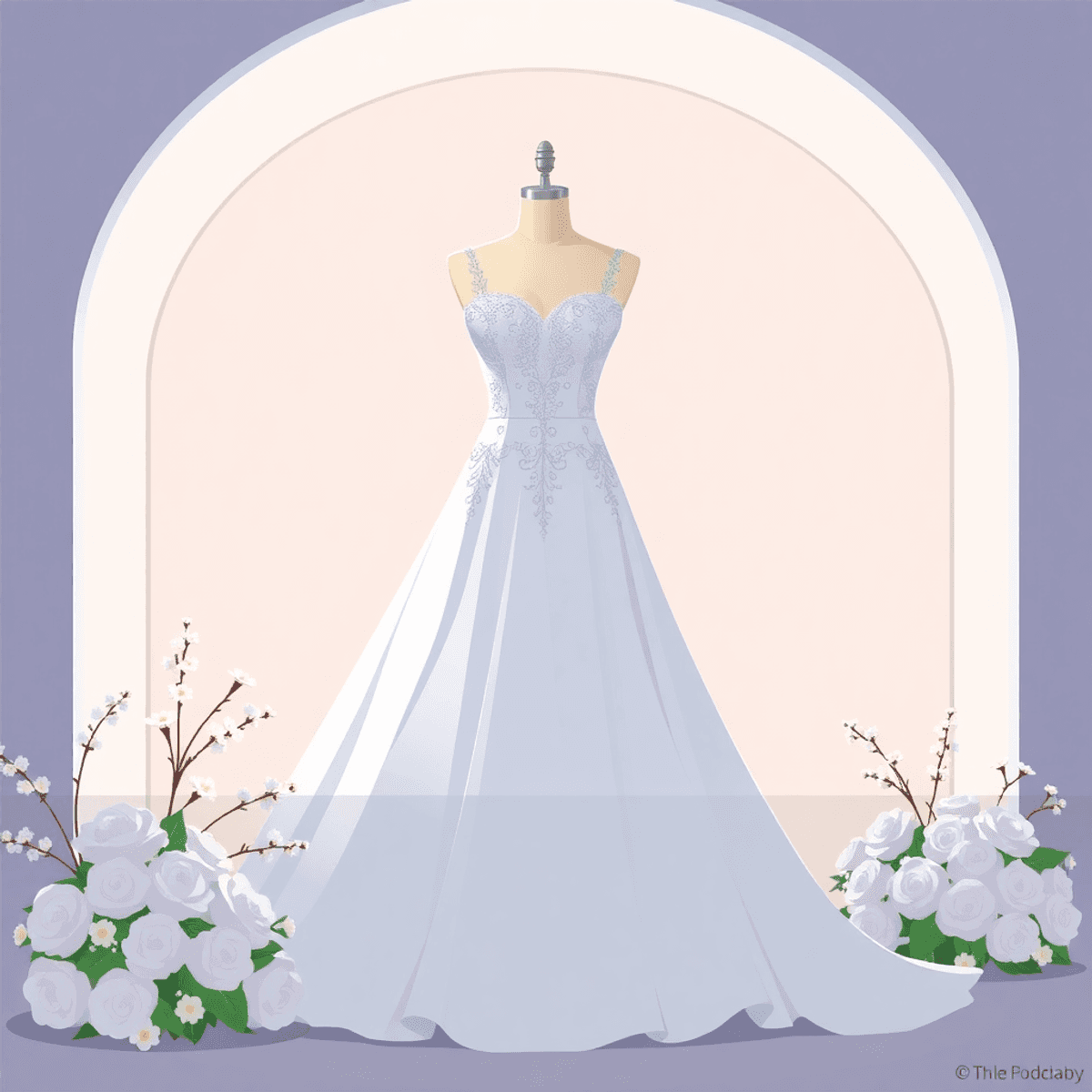 A cartoon-style bridal gown on a mannequin, illuminated by soft lighting and surrounded by delicate flowers, showcasing the beauty of wedding fashion.