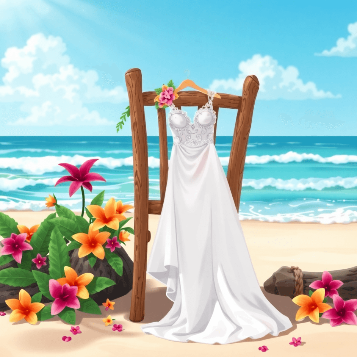 A cartoon-style beach scene with elegant bridal attire on a rustic wooden chair, soft waves in the background, and vibrant tropical flowers scattered around.