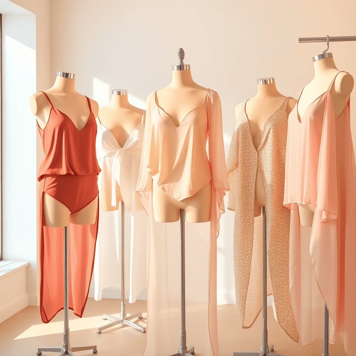 Cartoon-style boutique scene with mannequins dressed in soft silk camisoles and sheer overlays, bathed in warm natural light showcasing elegant, textured fabrics.