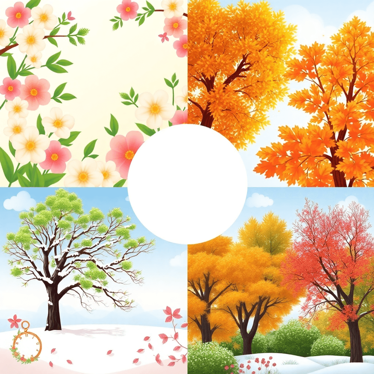 Cartoon collage of four seasons with wedding themes: pastel flowers for spring, bright sun and green trees for summer, orange autumn leaves, and snowy winter with cozy tones.