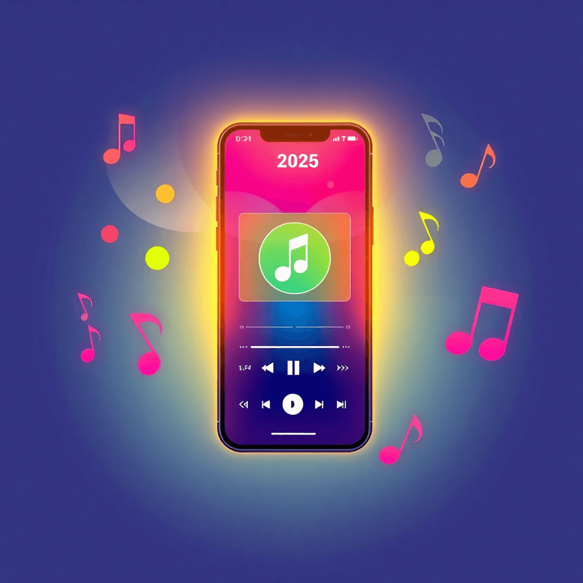 Smartphone displaying a vibrant music playlist with glowing abstract sound waves and colorful musical notes in a cartoon style.