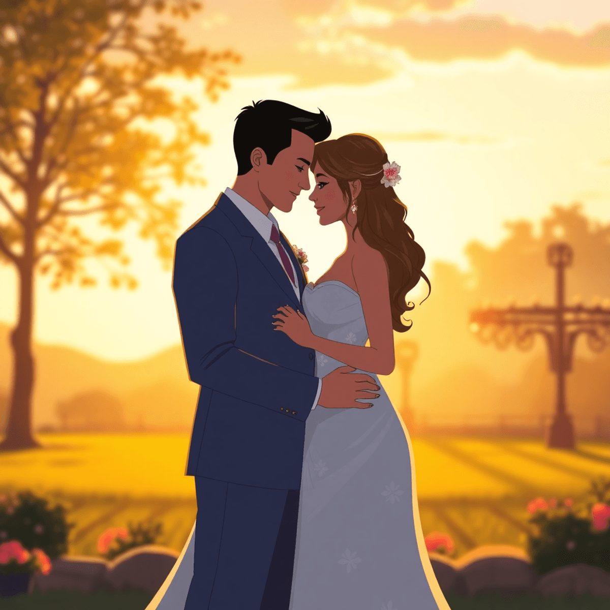 Cartoon of a wedding couple embracing at golden hour with warm sunlight and a scenic outdoor venue in the background.