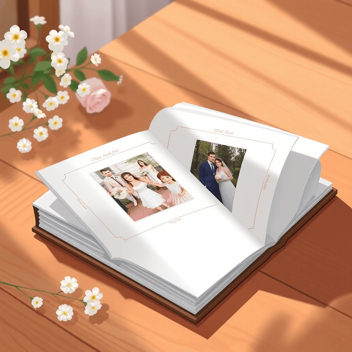Open cartoon-style wedding album on wooden table with soft light and floral accents, symbolizing timeless memories.