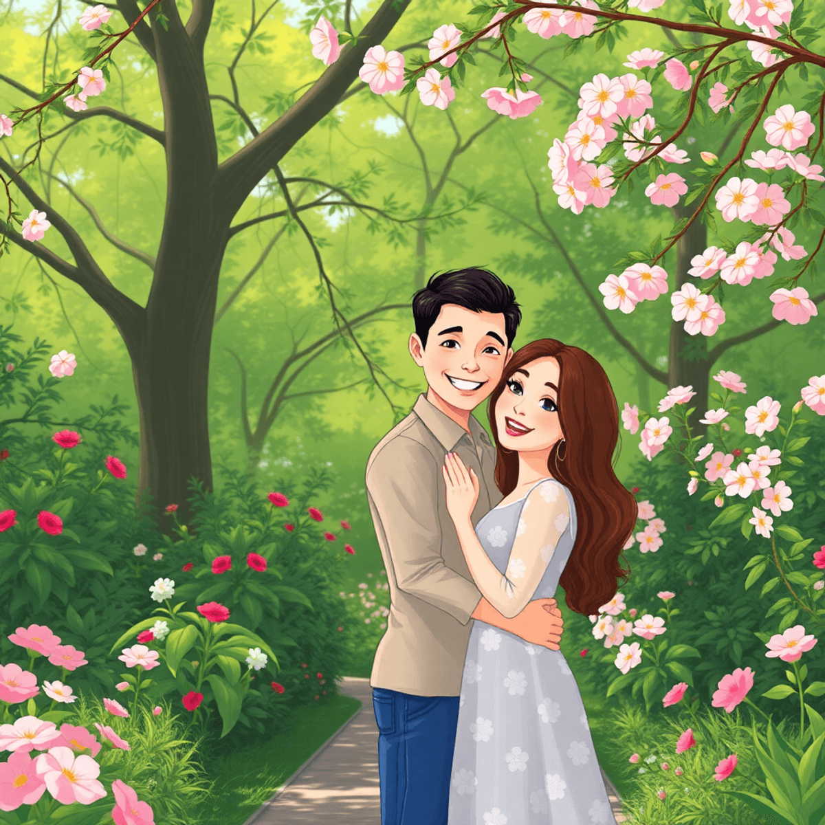 Cartoon-style romantic engagement photo of a happy couple in a lush park with vibrant greenery and blooming flowers, bathed in soft natural light.