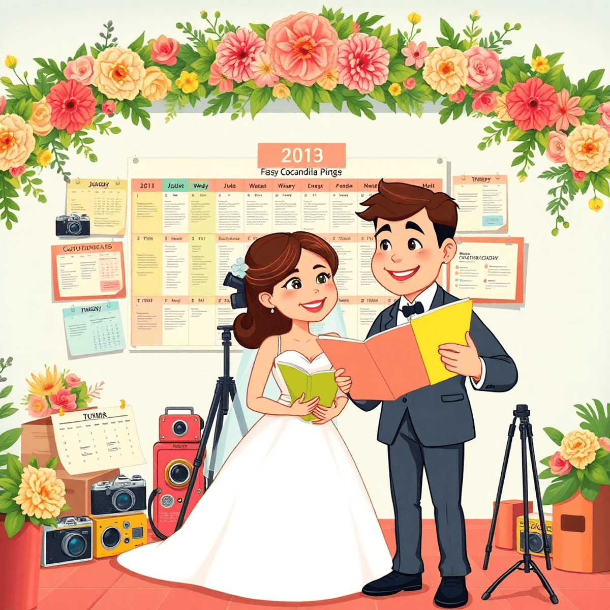 Cartoon bride and groom happily reviewing wedding timeline with photographer, surrounded by calendars, cameras, and floral decorations in a bright, elegant setting.
