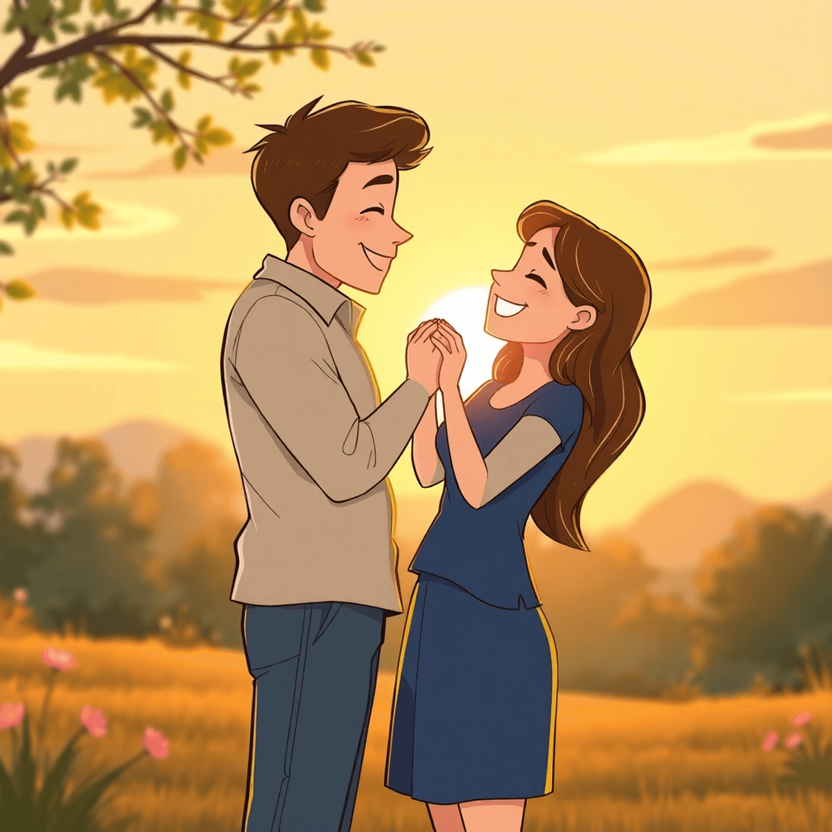 Cartoon-style romantic proposal at sunset with a joyful couple embracing in a warm-lit garden, capturing love and intimate celebration.