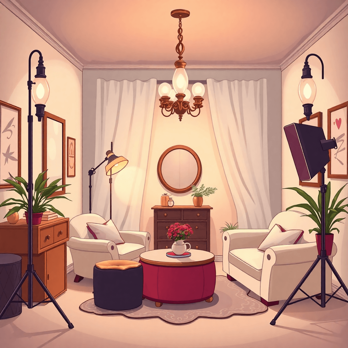 Cartoon-style cozy boudoir studio with soft lighting, elegant decor, and a warm, inviting atmosphere promoting comfort and empowerment.