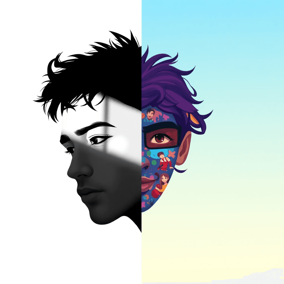 A split image: one side in dramatic black-and-white showcasing textures and shadows, the other vibrant with lively colors and emotional scenes, blending timelessness and modernity.