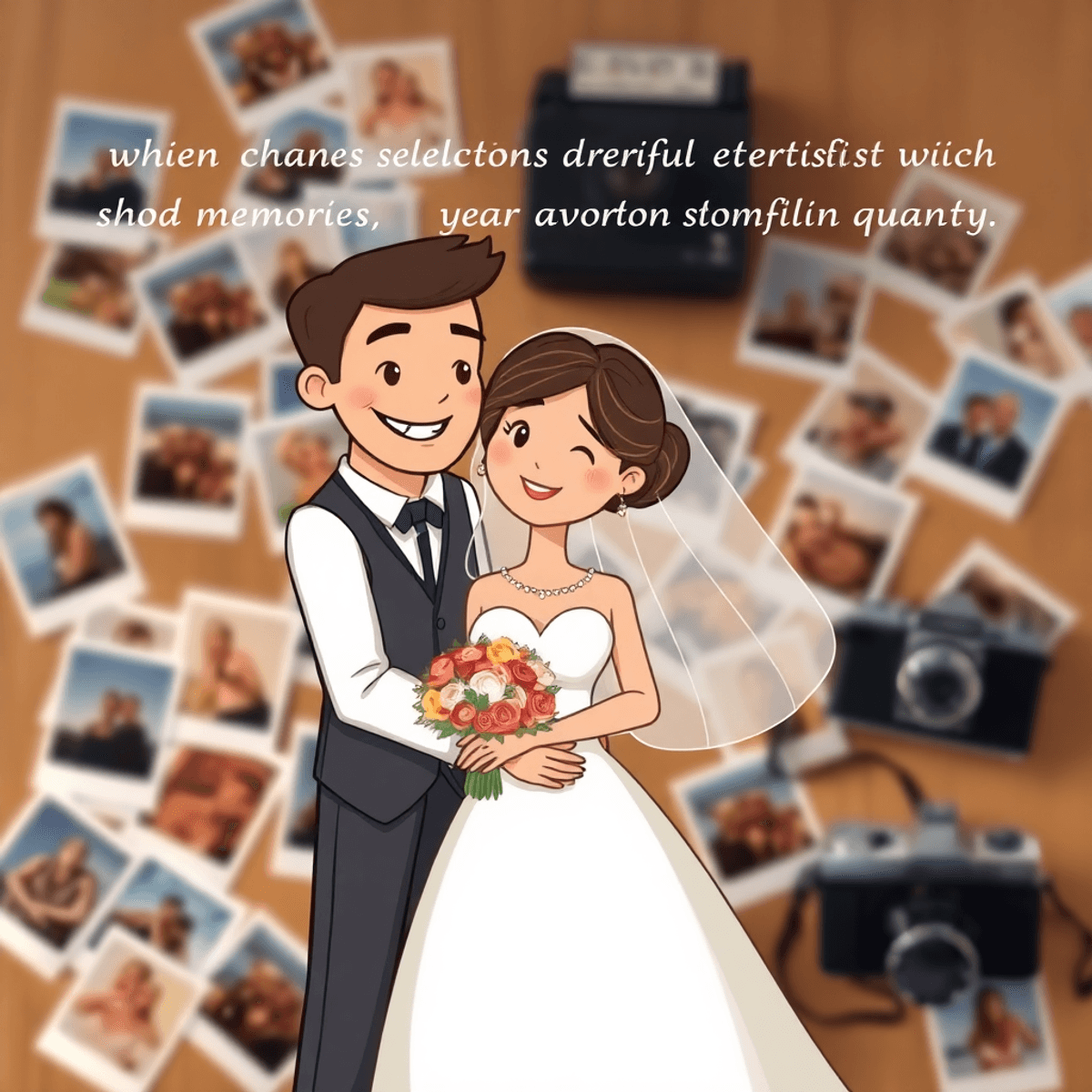 Cartoon of a couple sharing a candid moment at a wedding, surrounded by softly blurred photo prints and a vintage camera.