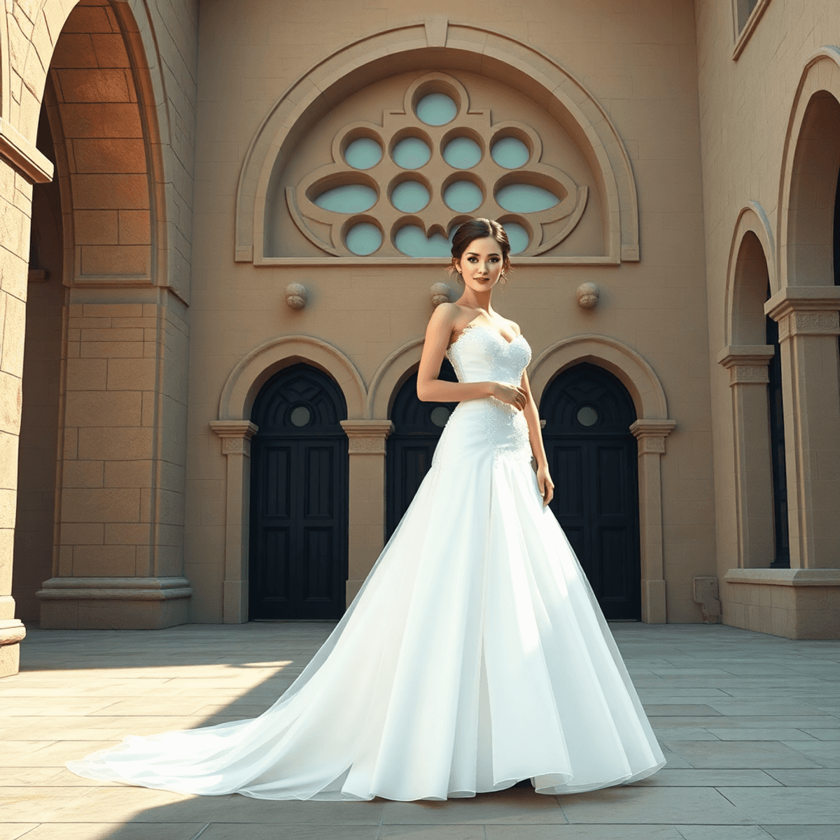 Cartoon-style bridal portrait of a bride in an elegant gown, posed gracefully against ornate arches and textured stone walls with natural light and shadows.