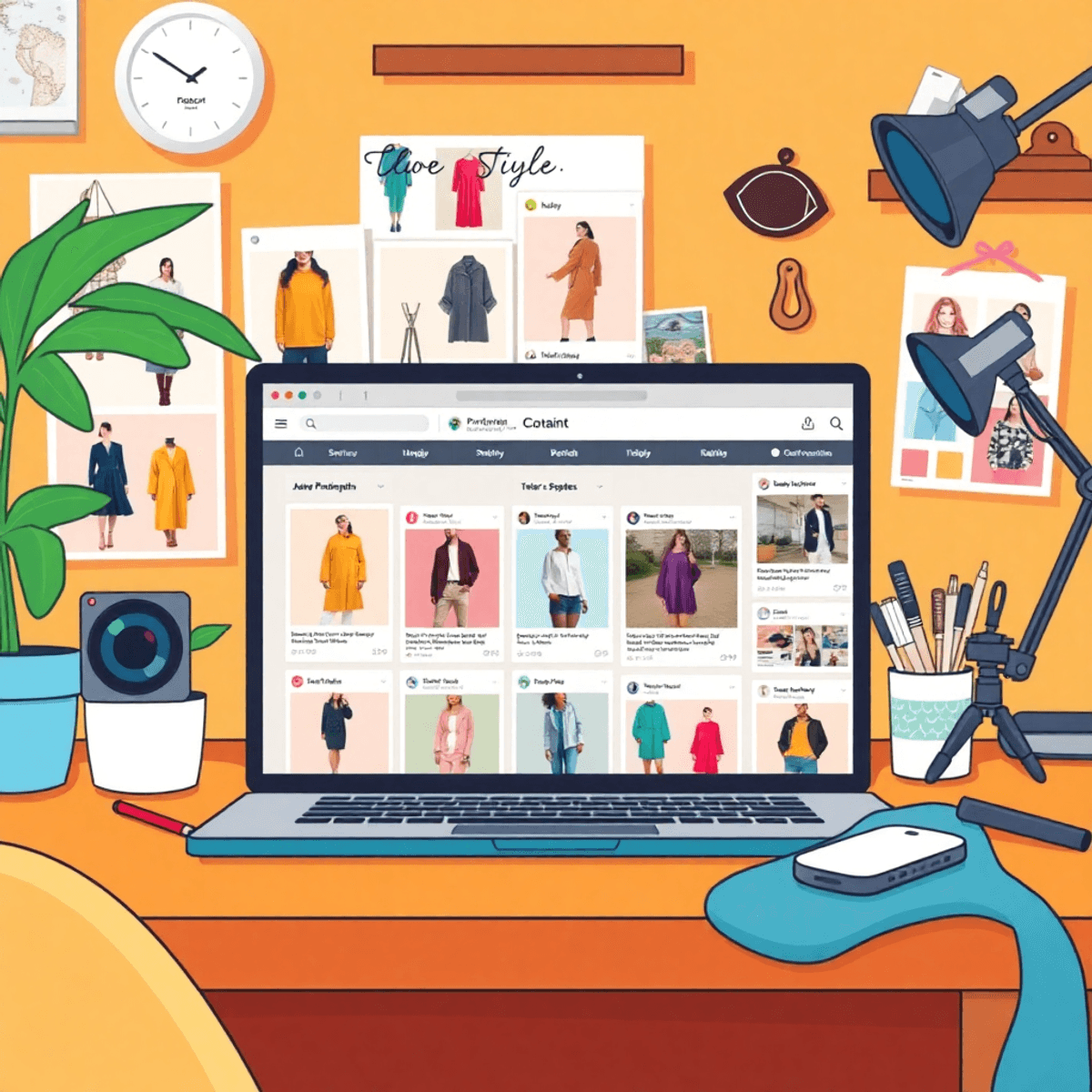 Cartoon workspace with laptop showing Pinterest boards of fashion, colors, and wedding photos, surrounded by mood boards and photography props.