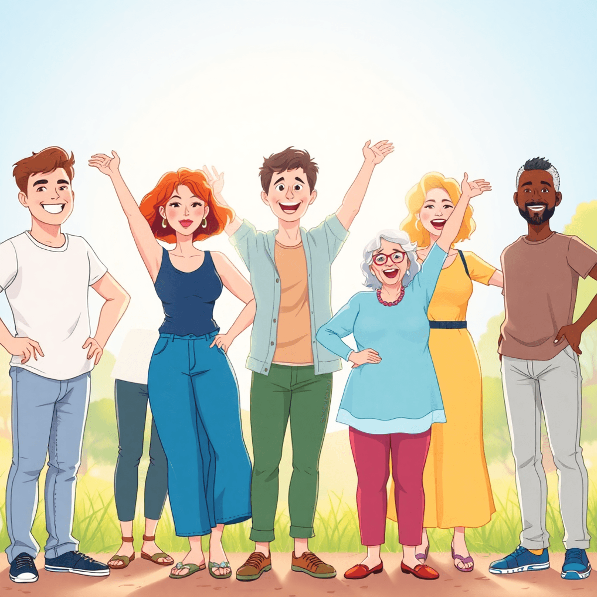 Cartoon of diverse people of various ages confidently posing outdoors, glowing with warmth and empowerment in soft natural light.