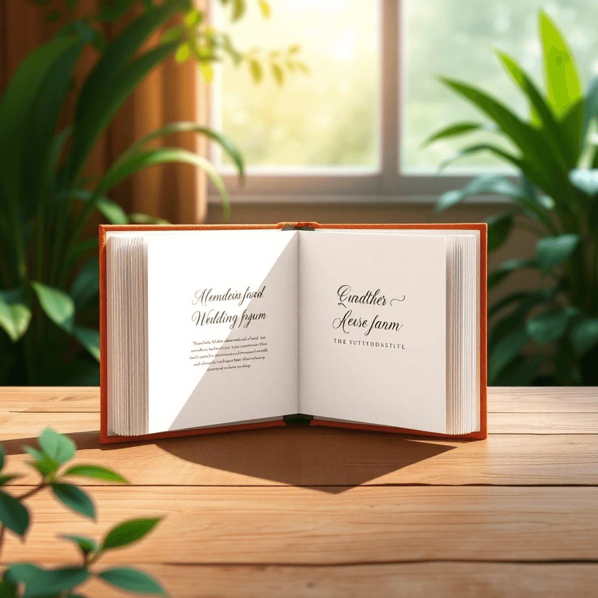 Open fine art wedding album with elegant calligraphy on wooden table, surrounded by greenery and soft sunlight in a cartoon style.