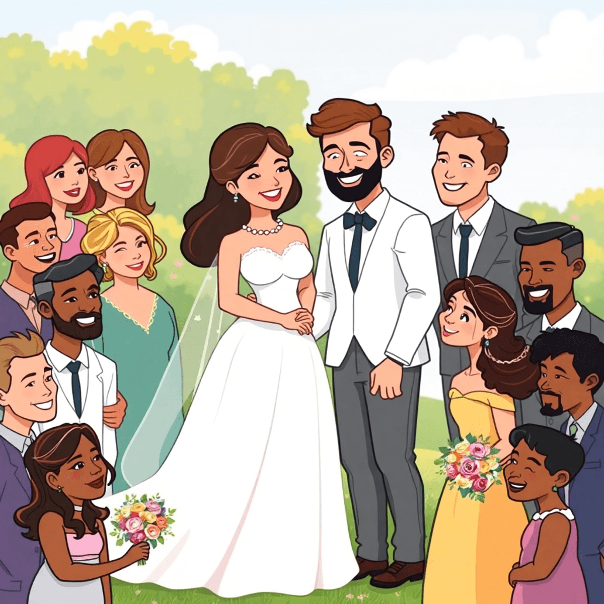 Cartoon of diverse couples celebrating outdoor weddings with warm light, joyful expressions, and inclusive atmosphere.