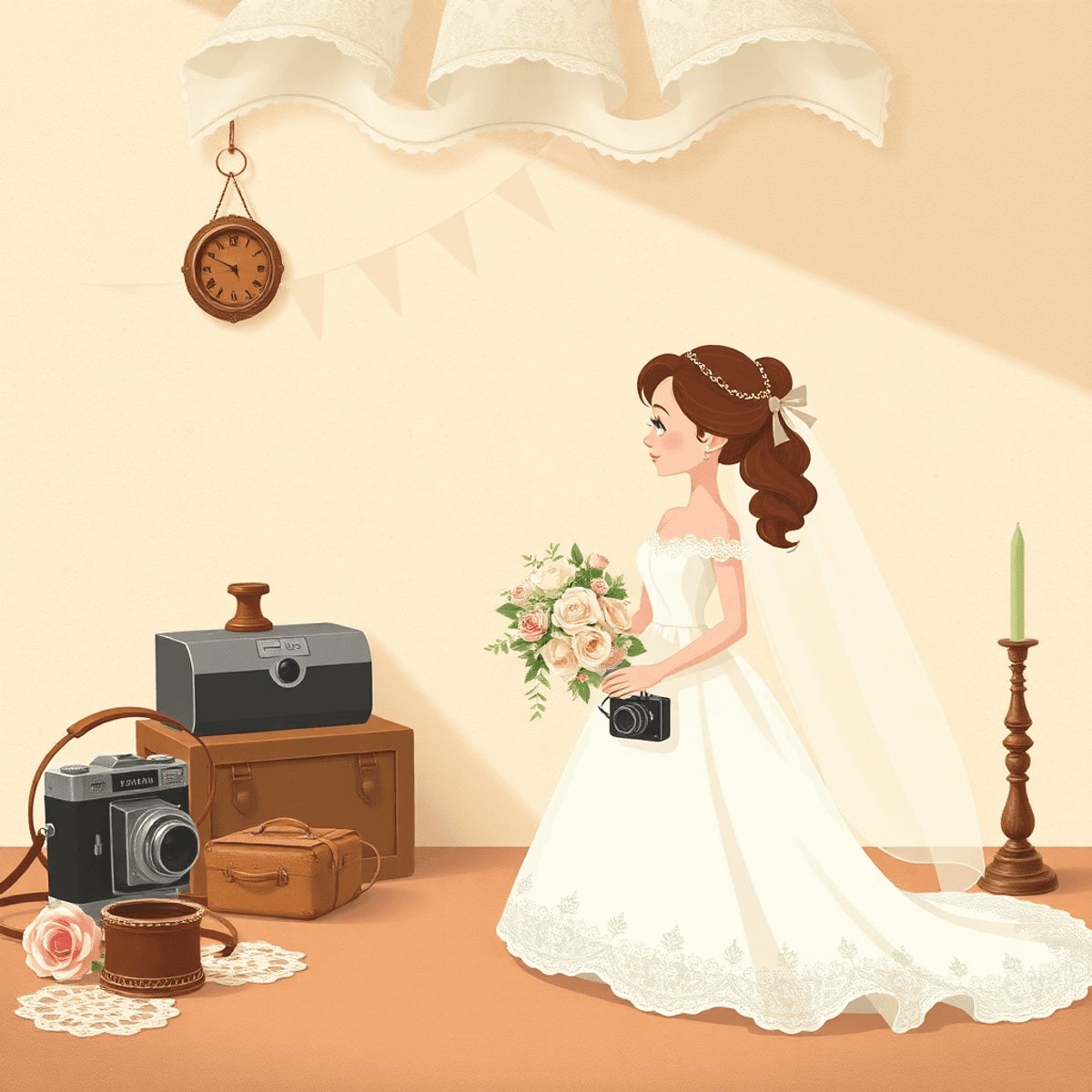 Cartoon-style vintage wedding scene with soft muted tones, antique lace, classic cameras, warm lighting, and textured backgrounds evoking timeless elegance.
