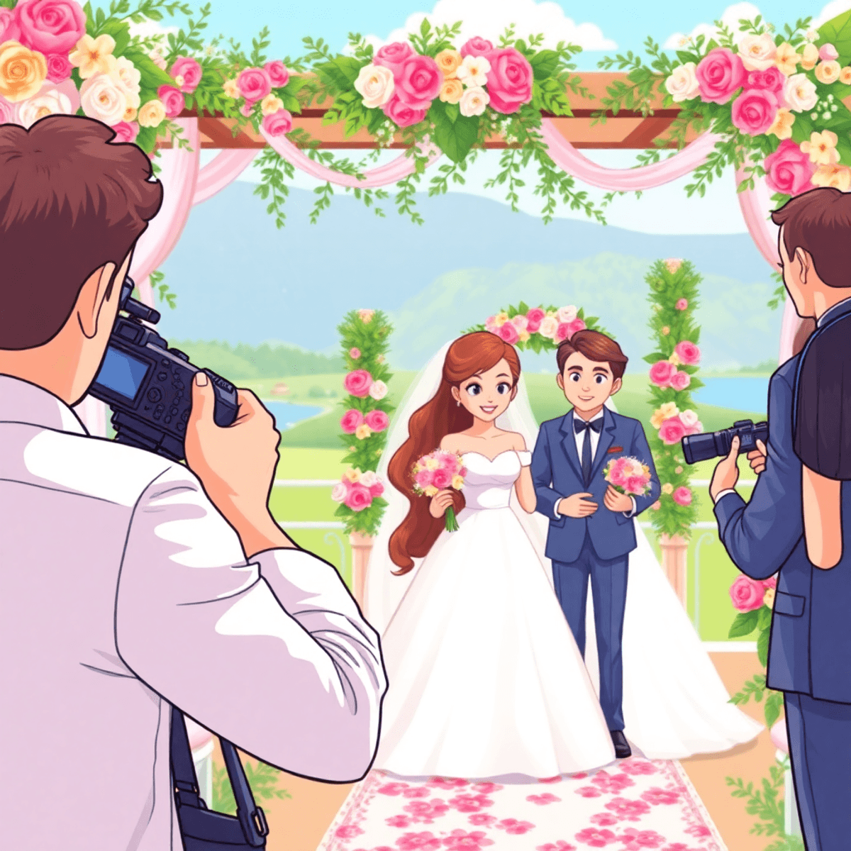 A colorful cartoon wedding scene with two photographers; one capturing the couple and the other guests, surrounded by floral decorations in a beautiful outdoor venue.