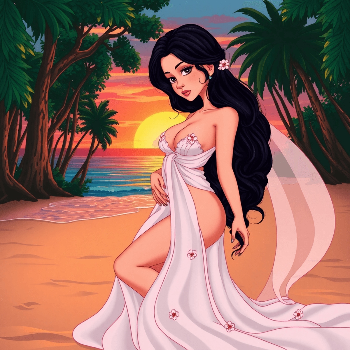 A cartoon-style boudoir model in a serene landscape with a lush forest and a tranquil beach at sunset, featuring flowing fabric and delicate flowers, evoking intimacy and connection.