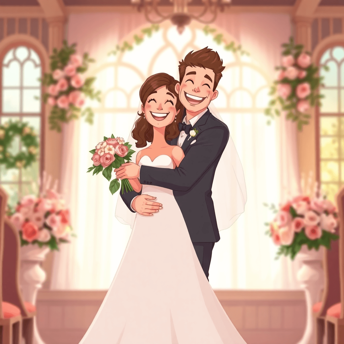 Cartoon-style wedding scene with a happy bride and groom embracing, surrounded by soft light and elegant floral decorations.