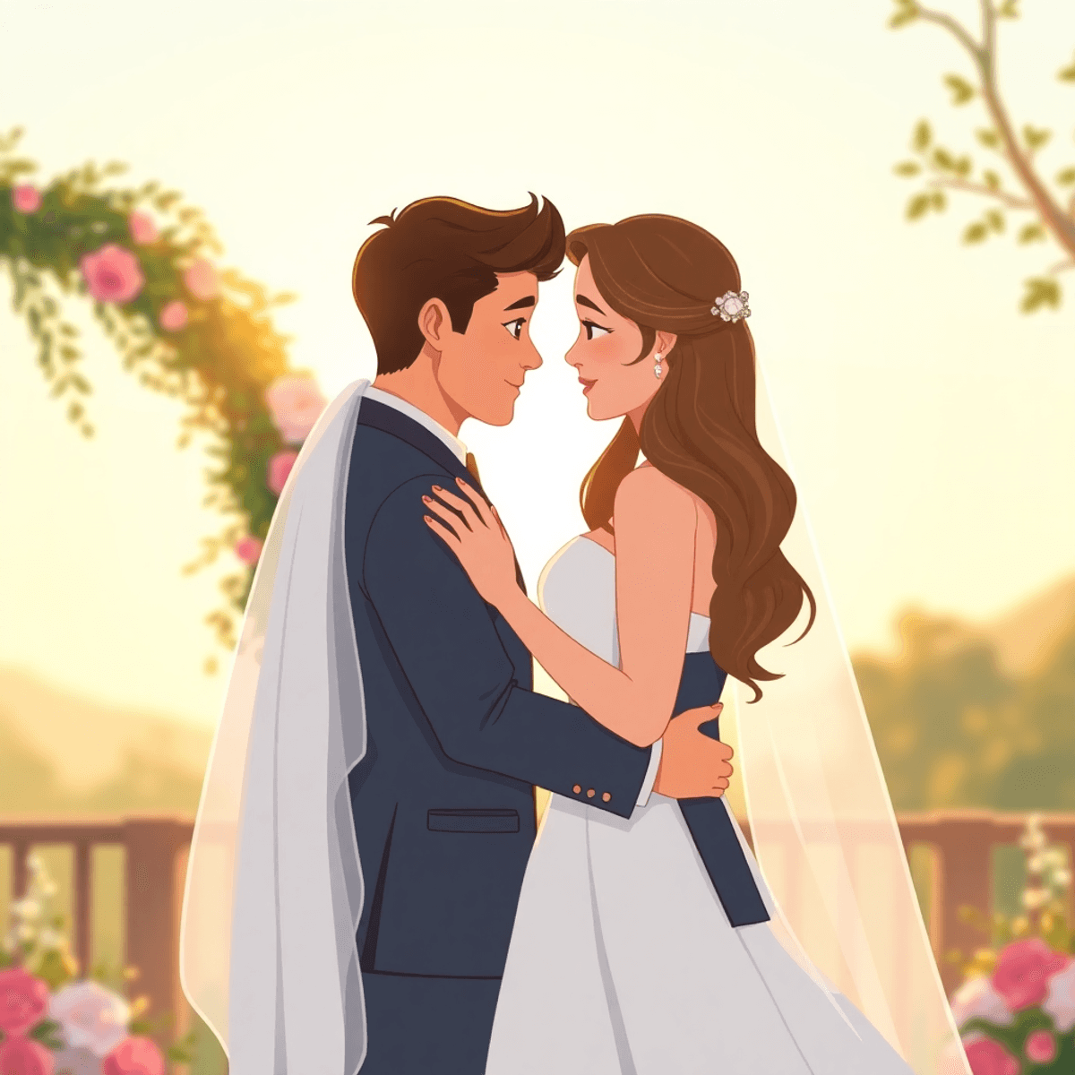 Cartoon-style intimate outdoor wedding scene at golden hour with bride and groom sharing a heartfelt glance amidst soft light and floral accents.