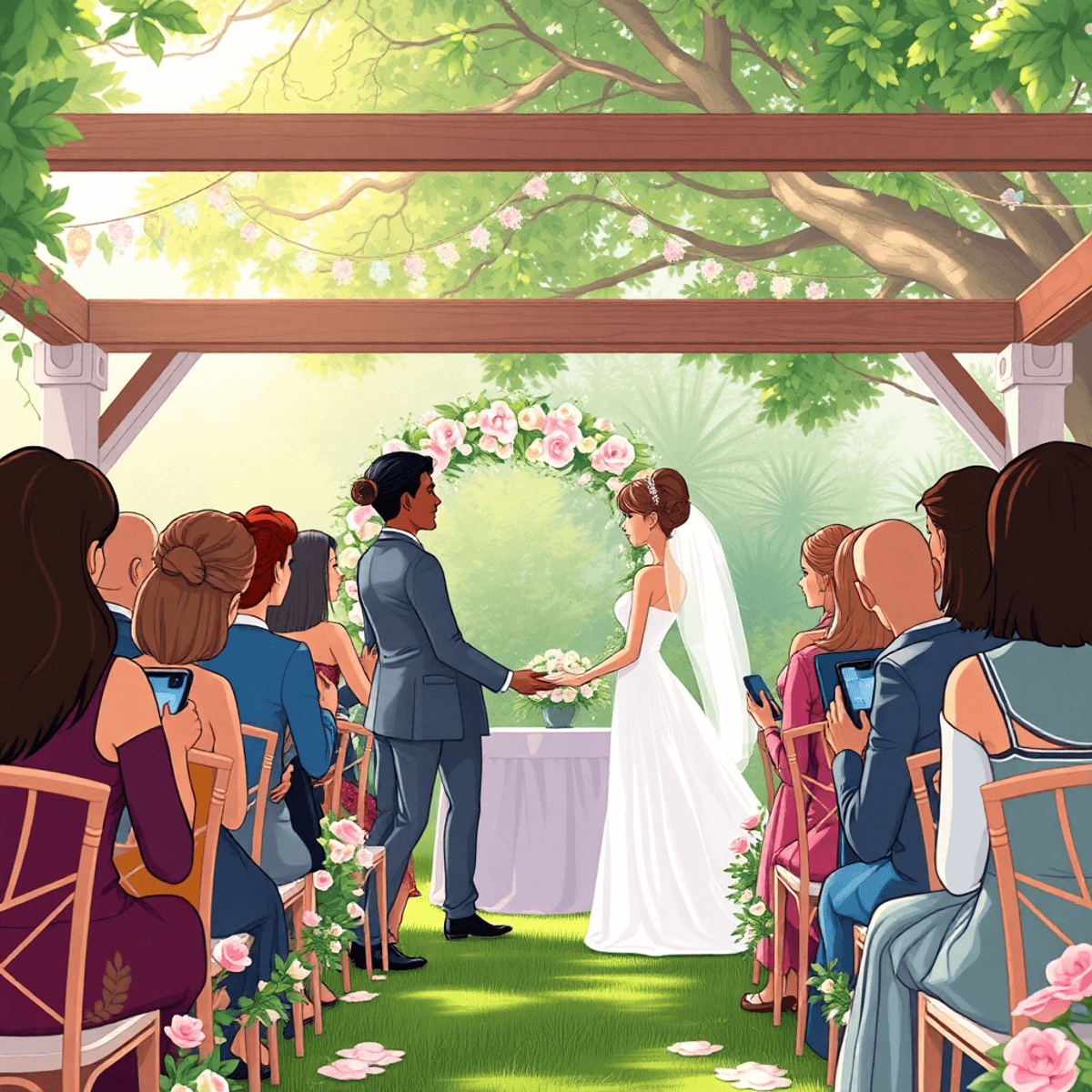Cartoon-style outdoor wedding with a small group of guests watching the couple exchange vows amid soft light and elegant floral decorations.