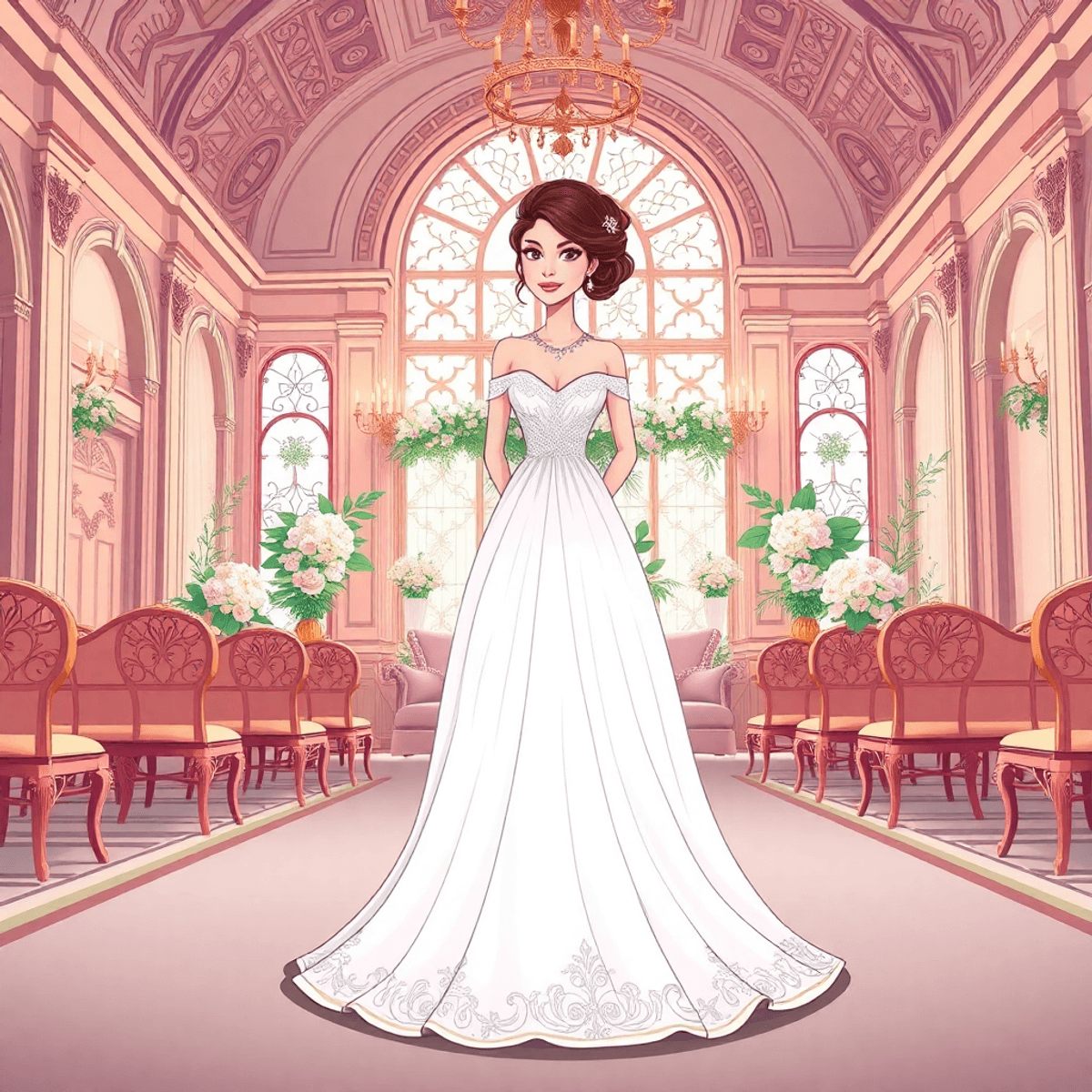 Cartoon of an elegant bride in a luxurious gown
at a beautiful, timeless wedding venue.