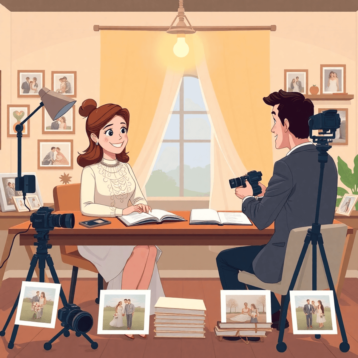 Cartoon of a couple happily discussing wedding plans with a photographer at a cozy studio desk, surrounded by wedding photos and camera gear.