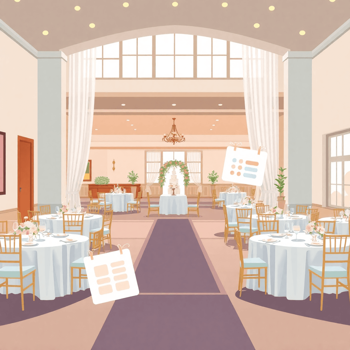 Cartoon-style bright wedding venue with elegant tables, chairs, soft lighting, spacious indoor area, accessible ramp, calendar, and glowing planning symbols.