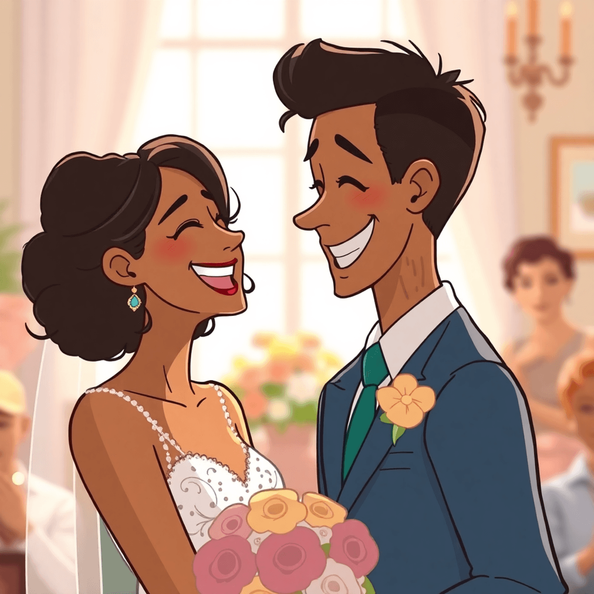 Cartoon of a couple sharing a joyful laugh at their wedding, bathed in soft natural light with subtle background details.