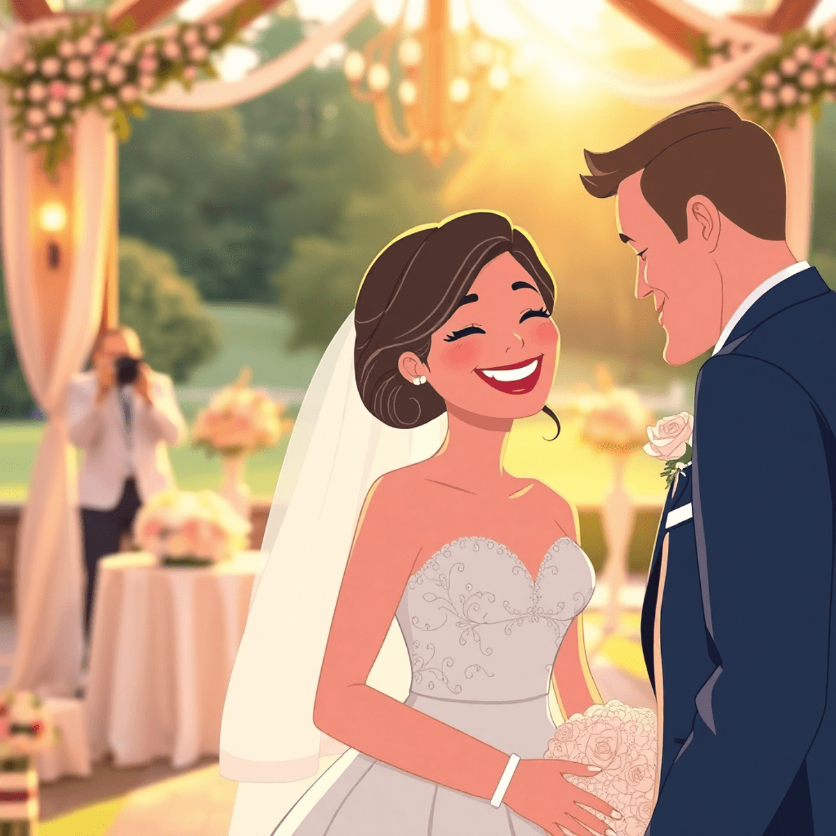 Cartoon of joyful bride and groom sharing an intimate moment at an elegant outdoor wedding with a photographer in the background.