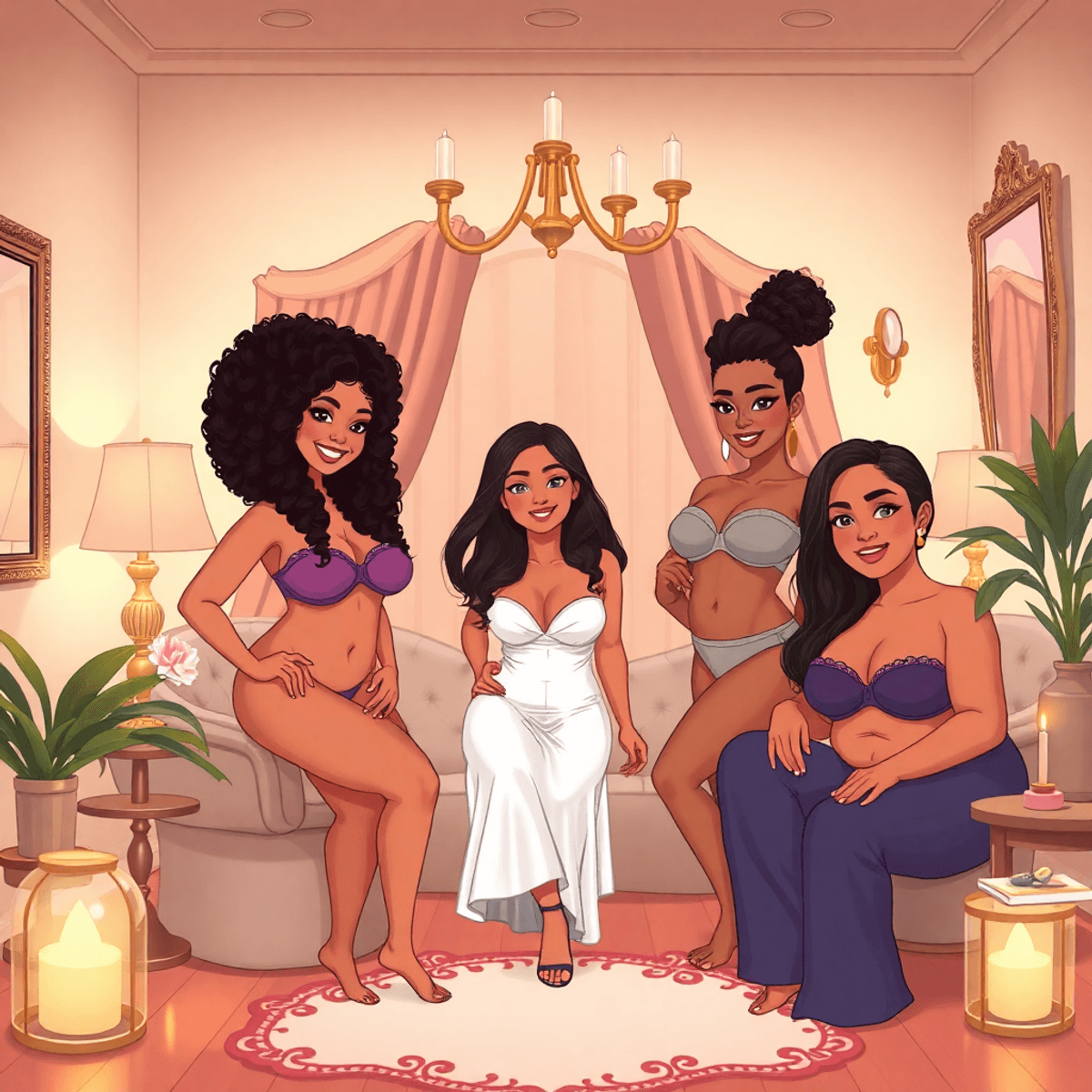 Cartoon boudoir studio with soft lighting, elegant decor, and diverse individuals feeling confident and comfortable, symbolizing inclusivity and empowerment.