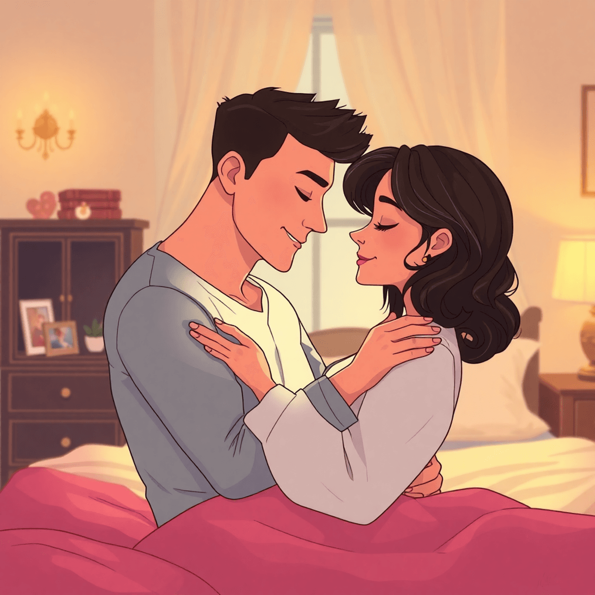 Cartoon couple gently embracing in warm, cozy bedroom with soft lighting and elegant decor, evoking intimacy and connection.