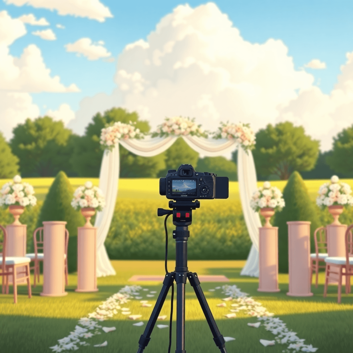 Cartoon-style outdoor wedding setup with elegant decor, a camera on tripod, under a partly cloudy sky surrounded by nature and soft natural light.