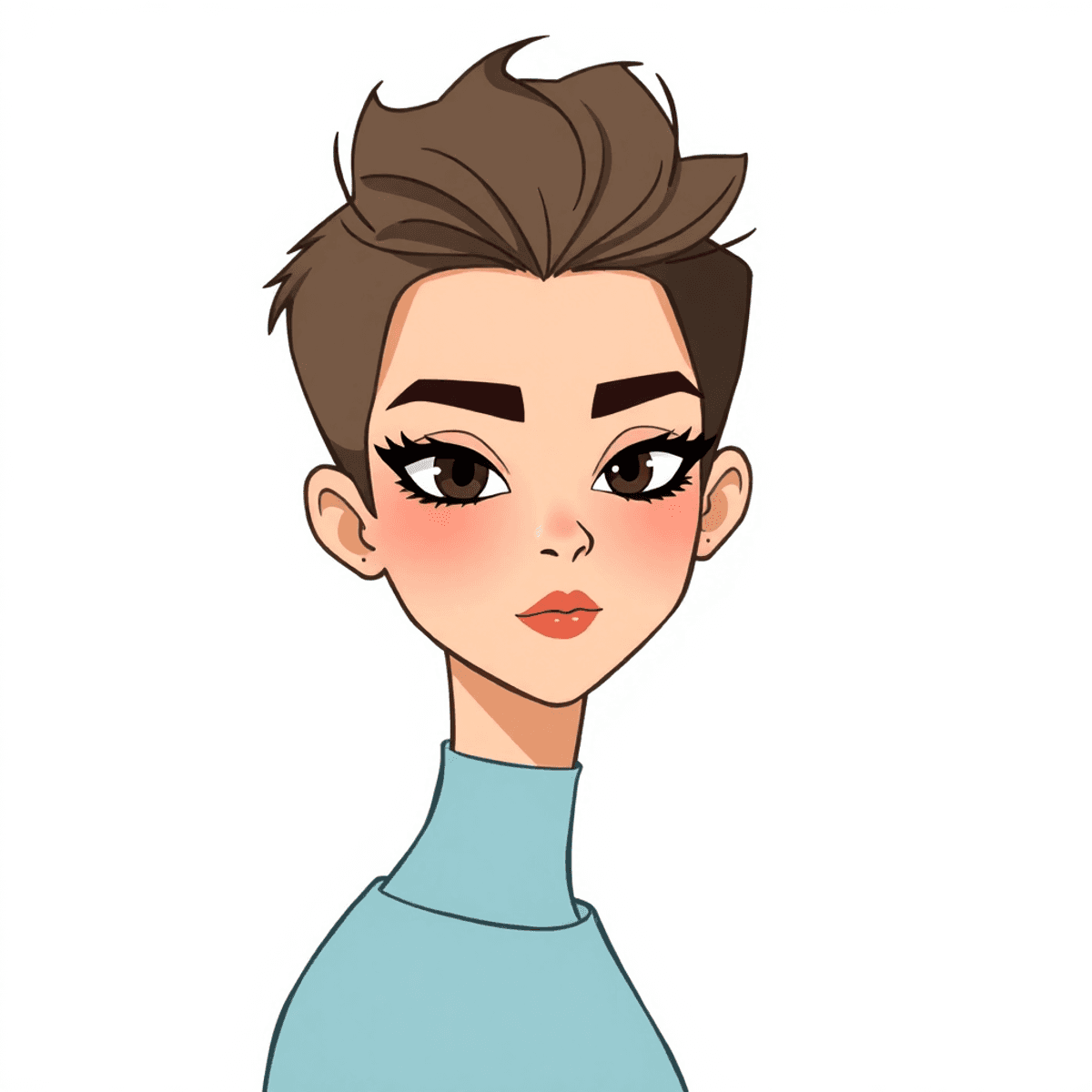 Cartoon of an androgynous person with textured short hair, subtle matte makeup, soft cool eyeshadow, natural brows, on a neutral background with abstract shapes and soft light.