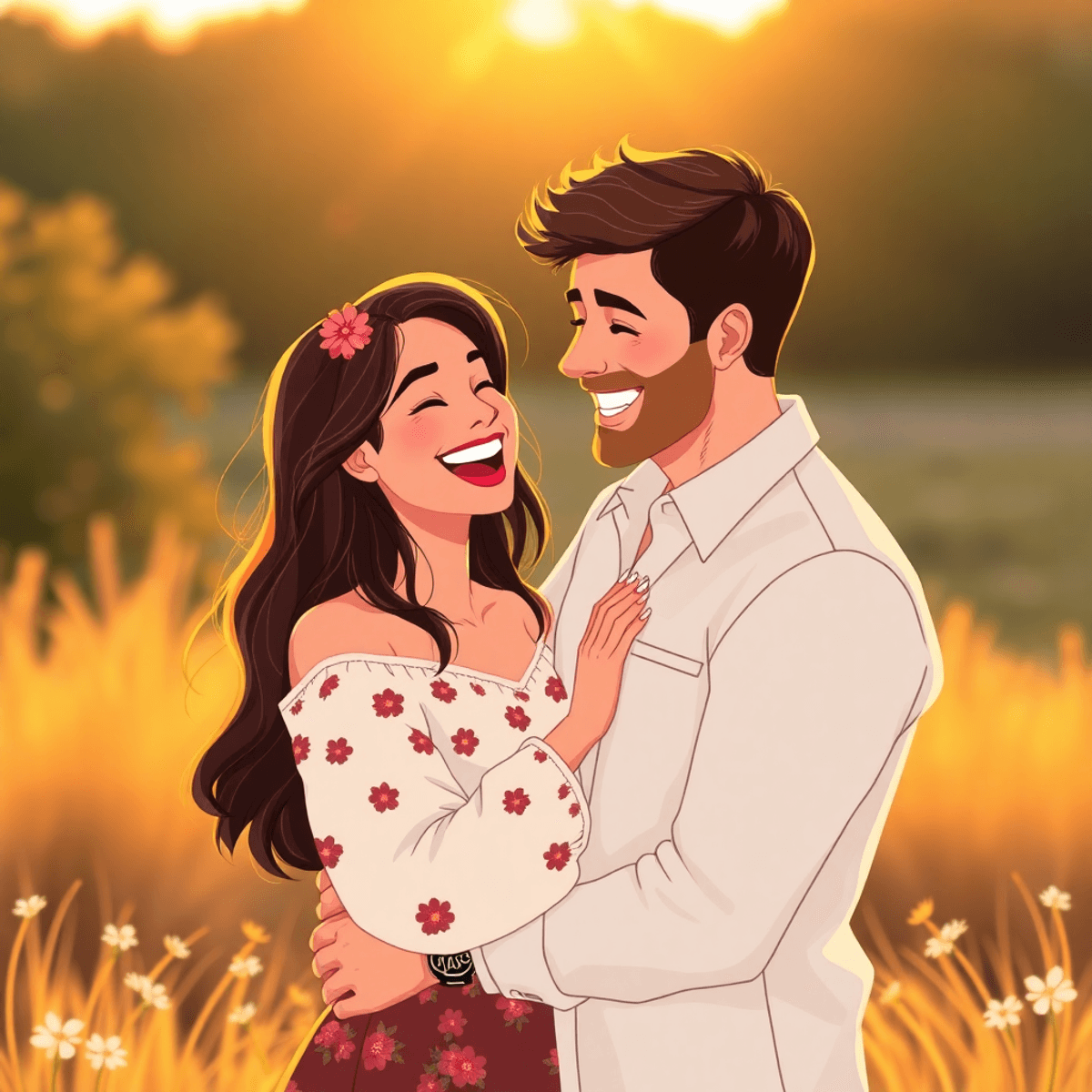 Cartoon couple embracing and laughing outdoors at golden sunset, surrounded by soft light and floral elements, radiating warmth and romance.