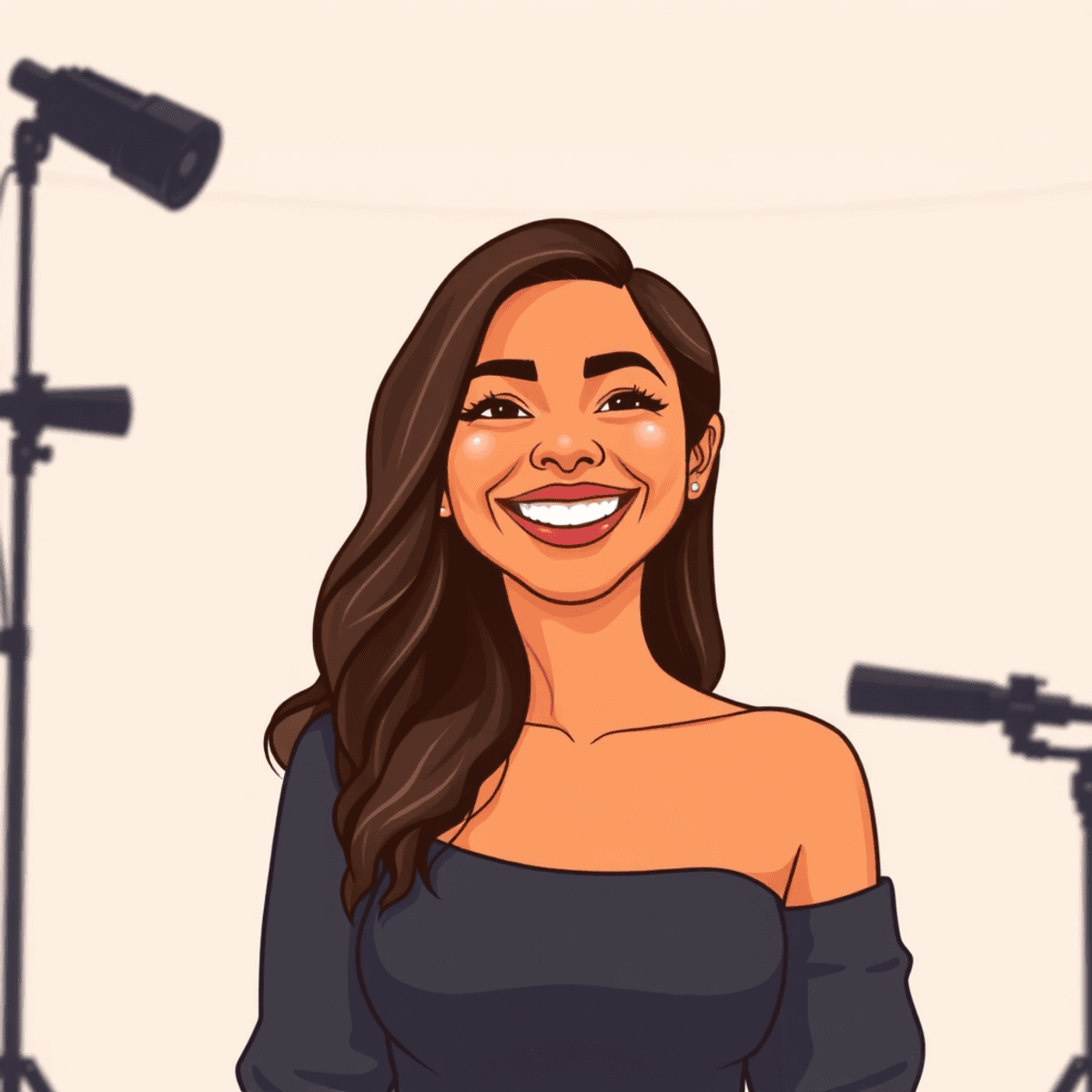 Cartoon of a confident woman smiling brightly in soft natural light against a simple studio background, symbolizing self-expression and personal growth.