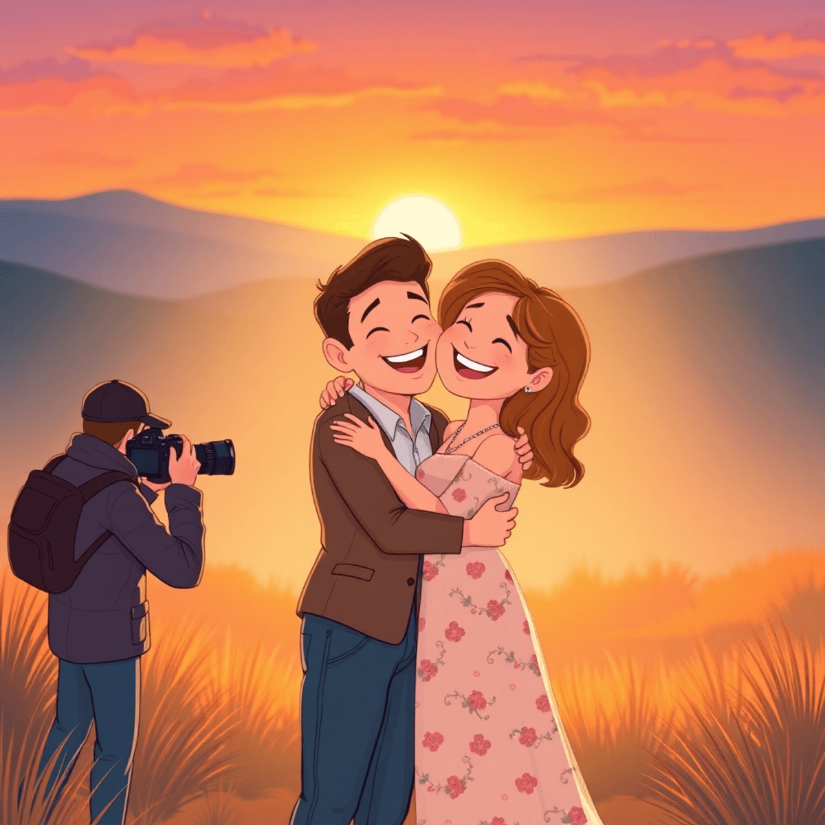 Cartoon of a couple embracing at sunset during a romantic outdoor proposal, with a photographer capturing the joyful moment from afar.