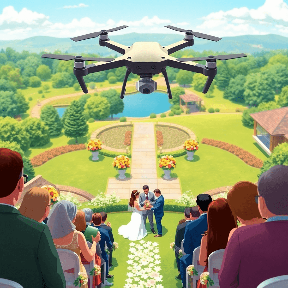 Aerial view of a cartoon-style outdoor wedding ceremony, with lush greenery, colorful flowers, and guests seated as the couple exchanges vows.