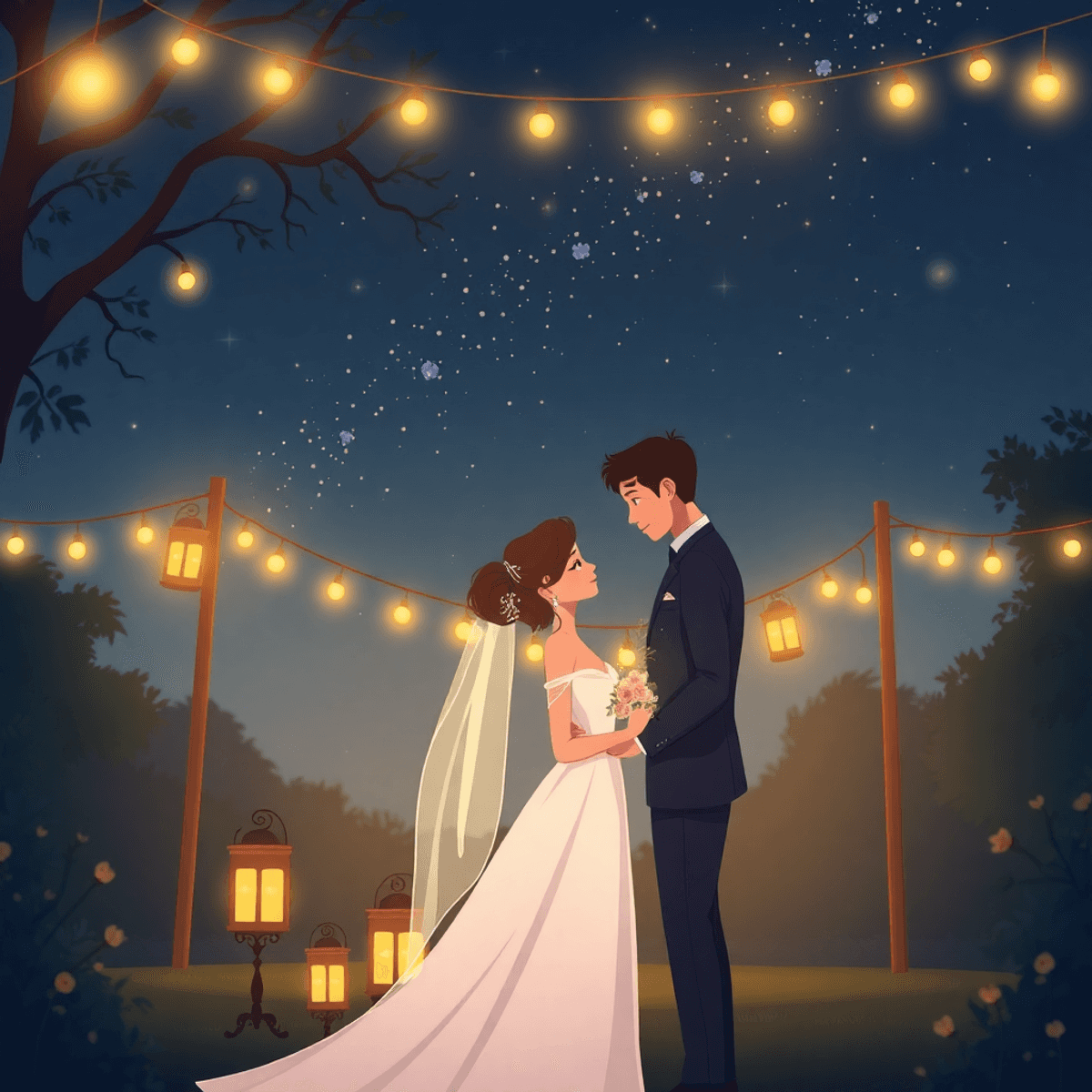 Cartoon of a bride and groom sharing a romantic moment outdoors at night, surrounded by glowing fairy lights and lanterns under a starry sky.