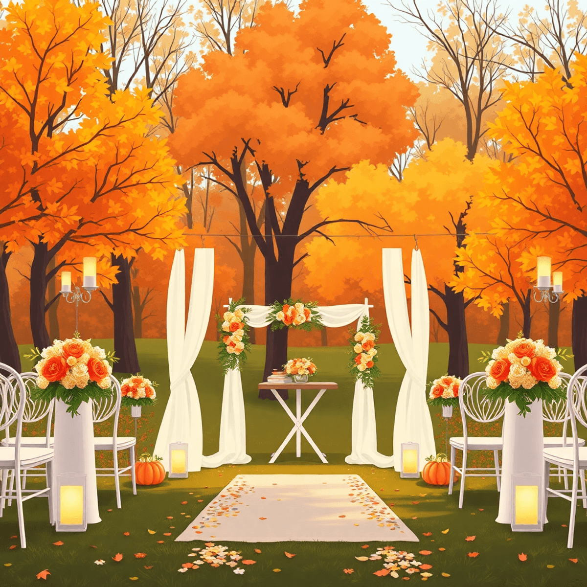 Cartoon-style outdoor wedding in autumn with golden leaves, soft lighting, and elegant floral decorations in a scenic Missouri setting.