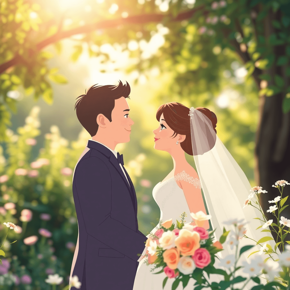 Cartoon-style romantic outdoor wedding with soft light, lush greenery, and delicate flowers creating a dreamy, airy atmosphere.