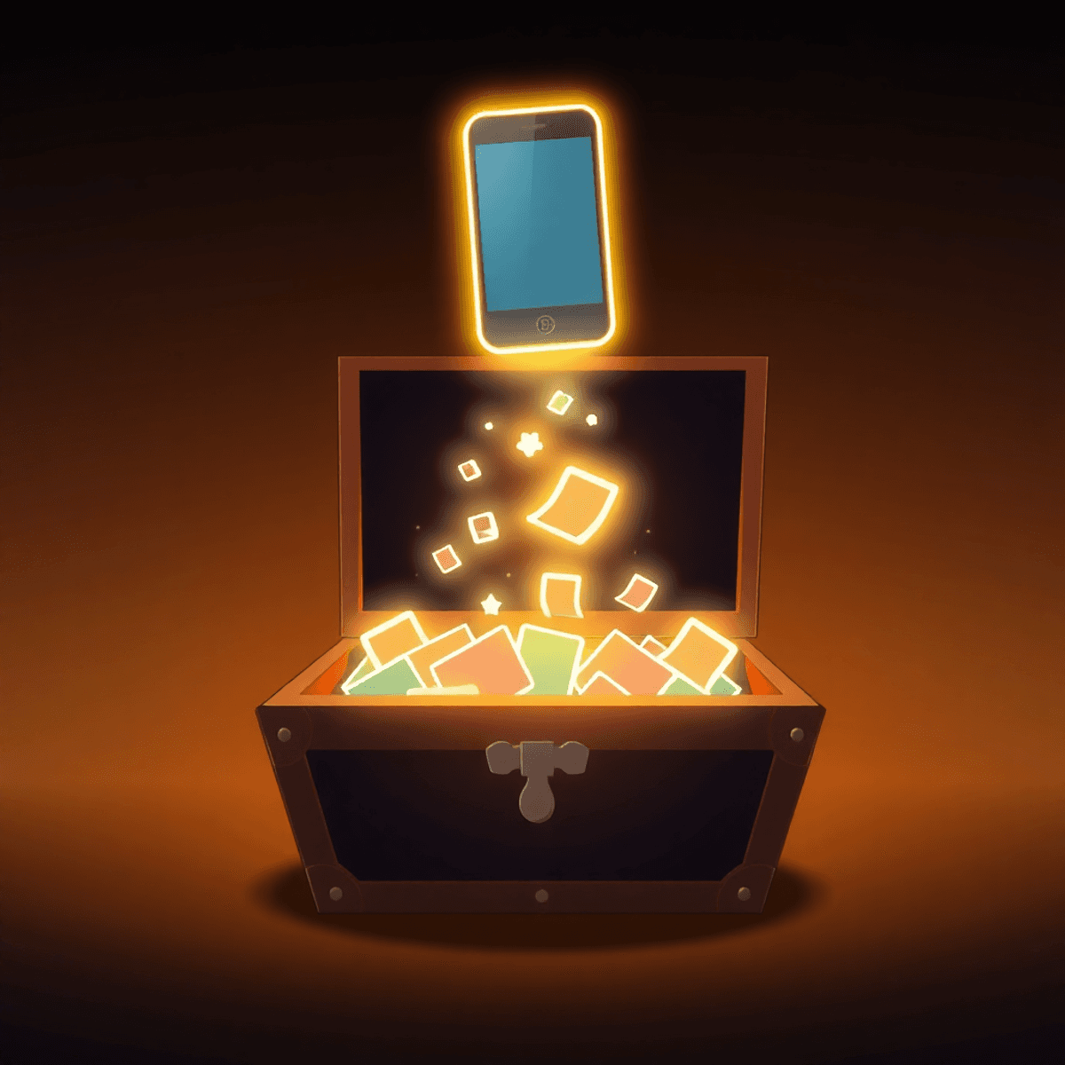 Glowing digital camera floating above an open treasure chest filled with shining photo icons and light particles against a dark, softly lit background.