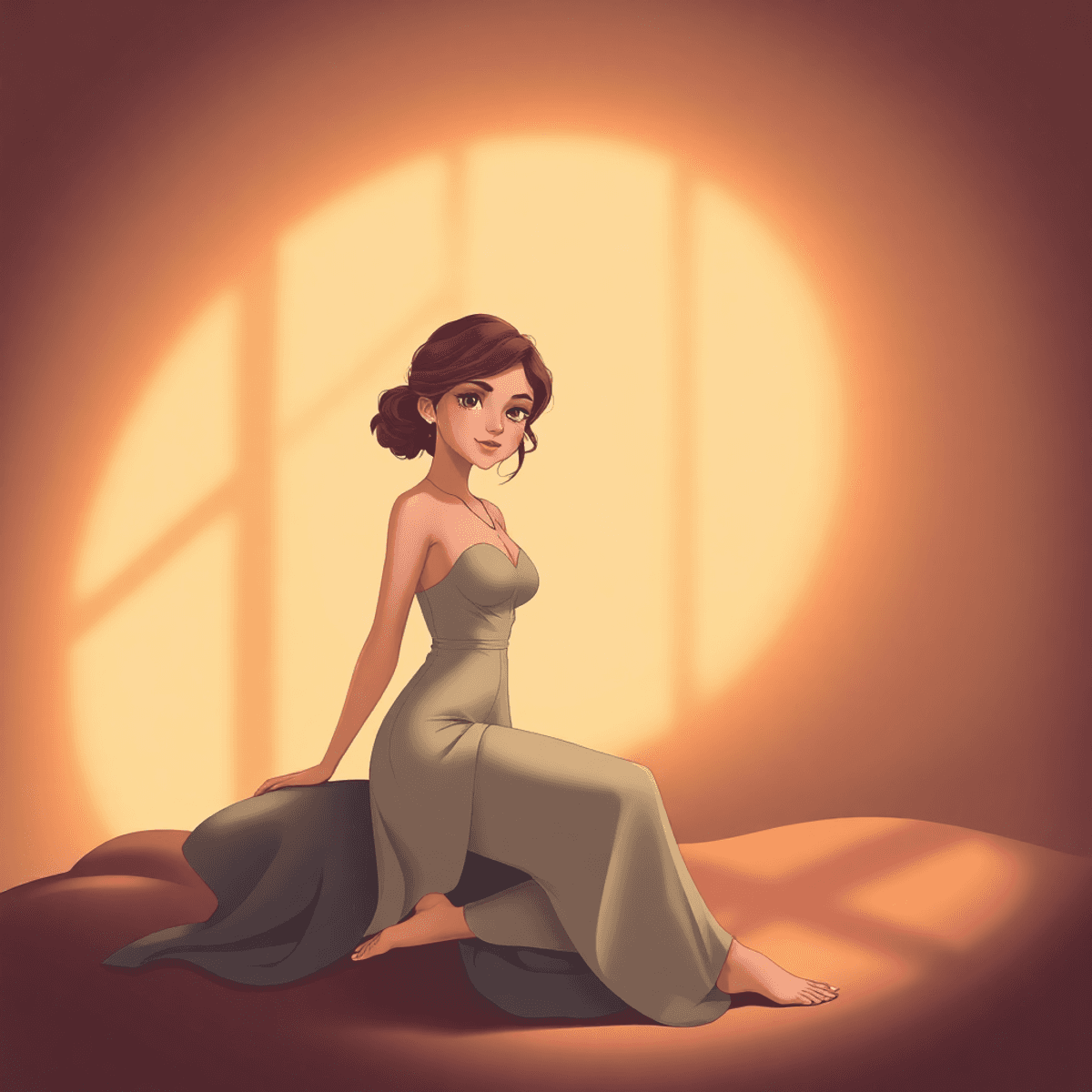 Cartoon-style image of a confident woman in elegant attire, softly lit with warm background and gentle shadows, expressing empowerment and body positivity.