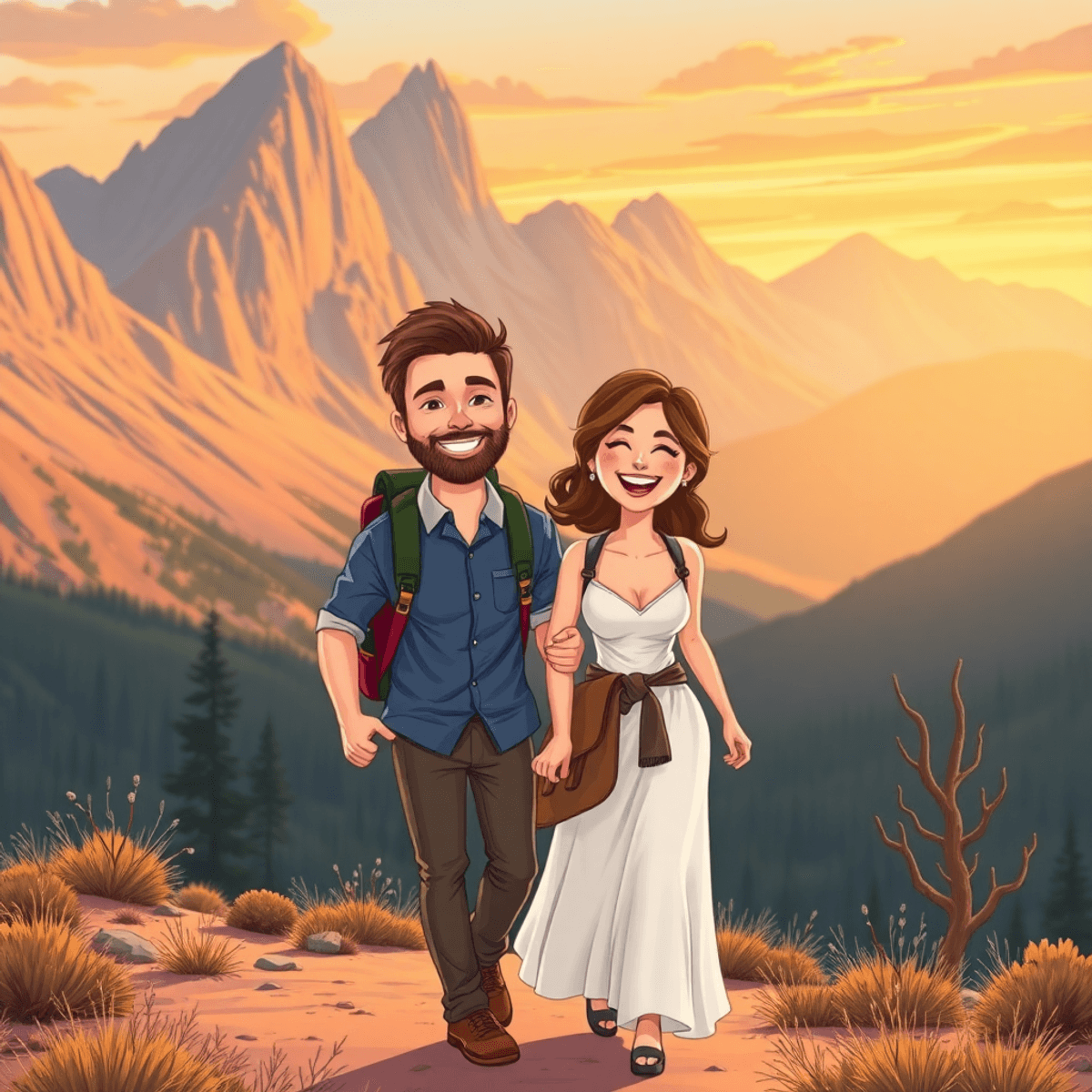 Cartoon of a joyful couple hiking in casual wedding attire during golden hour with mountains and nature in the background.