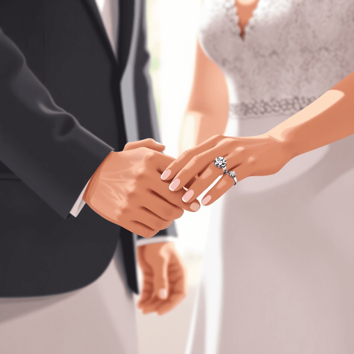 Cartoon close-up of bride and groom holding hands, highlighting wedding rings and gentle touches in soft natural light, evoking warmth and love.